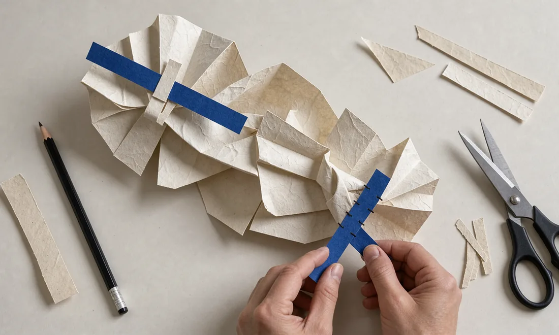 Paper models of a folded blood protein with small blue peptide ribbons attached