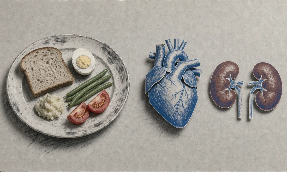 A meal plate beside paper sculptures of a heart and two kidneys on a newsprint table