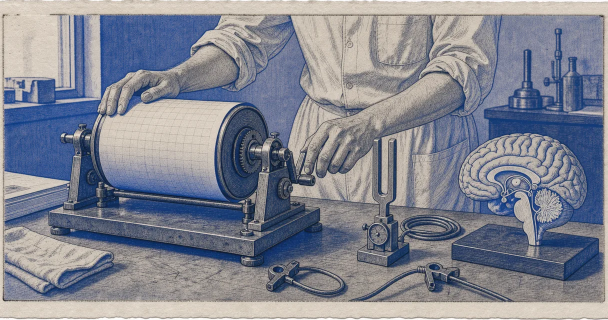Illustration of a technician turning a recording drum beside a tuning fork and anatomical brain model