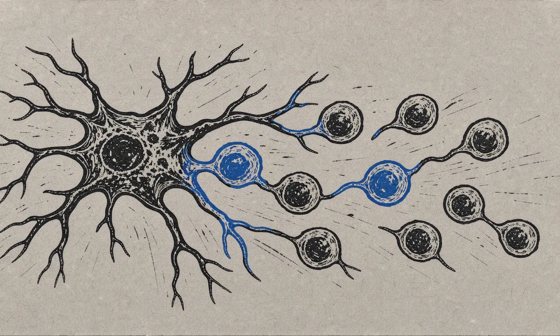 An ink illustration of a branching dendritic cell meeting several smaller rounded immune cells