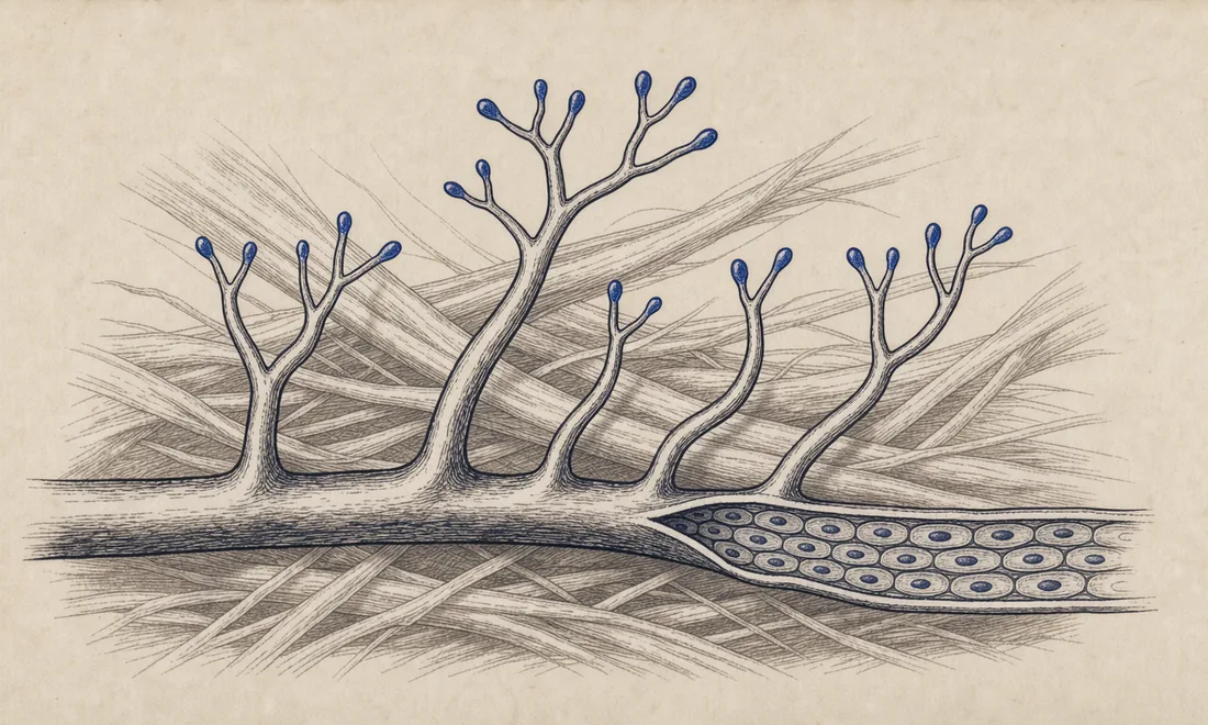 Blue capillary sprouts growing from an ink-rendered blood vessel among pale tissue fibres